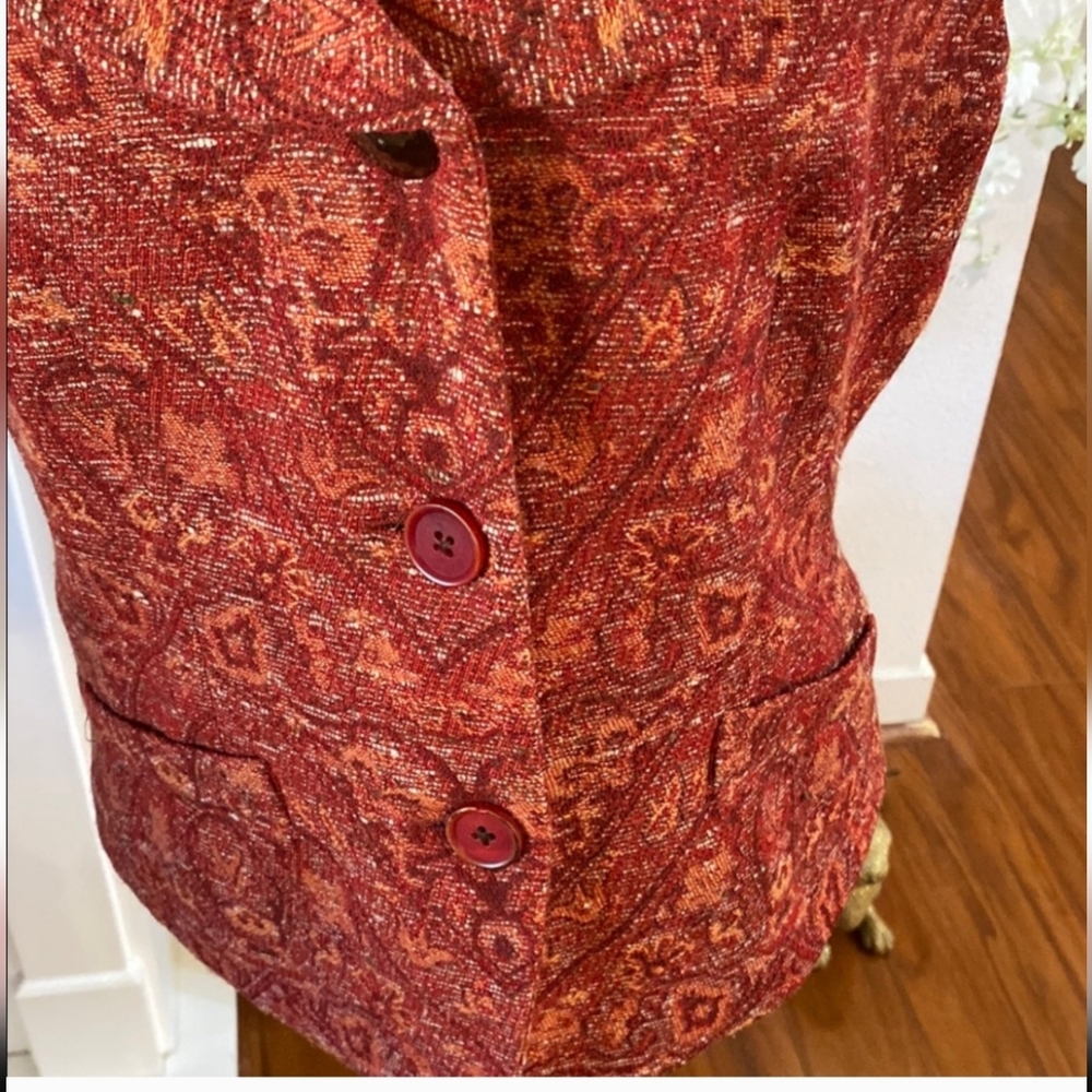 Karl Lagerfeld Tapestry Vintage Vest Double Flap Collar Wool/Silk Button Up Rust - Picture 9 of 12